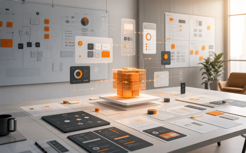 Abstract digital product strategy system with connected roadmap panels and orange architecture core