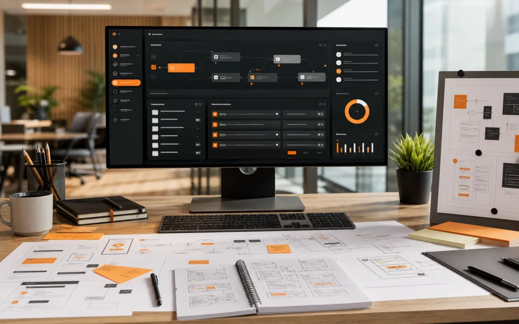 Enterprise web app workflow dashboard and planning materials with orange interface accents