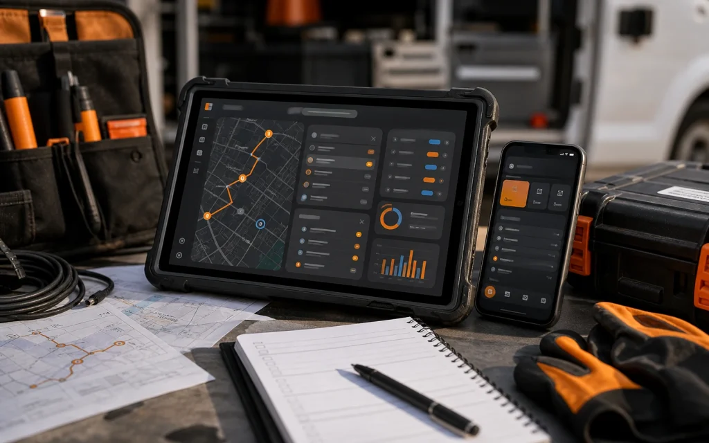 Field operations tablet and phone showing mobile service workflow tools with orange accents