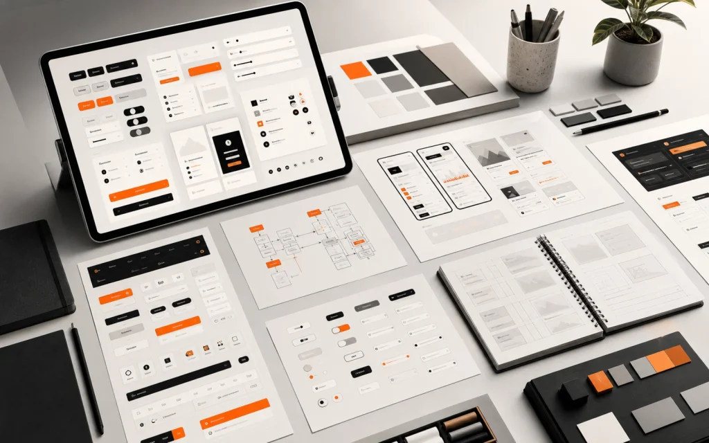 UX UI design system with component library, interface states, and orange design accents