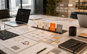 Enterprise AI consulting workshop table with roadmap cards, architecture sketches, and orange accents