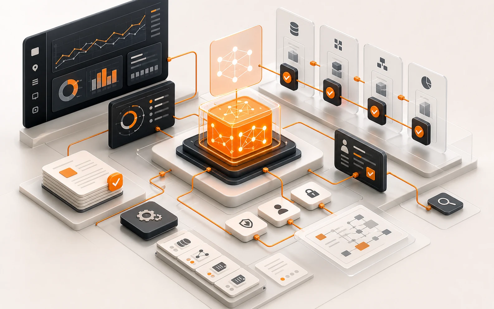 Human in the loop AI digital system with approval gates, audit panels, and orange AI core
