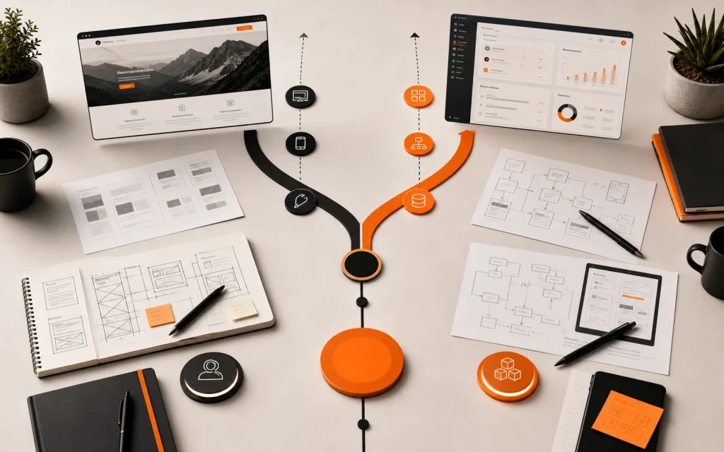 Decision framework comparing website redesign and web app build paths with orange decision nodes