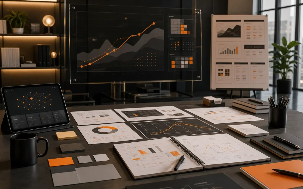 Premium strategy workspace showing frontier AI market analysis, lifecycle charts, competitor mapping, and consulting visuals in the Absolutmedia palette.