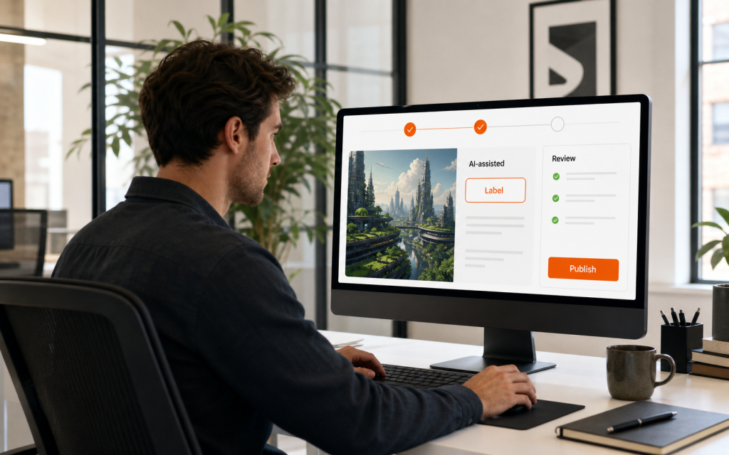 A person in a modern office using a web publishing tool to label AI-assisted content before review and publishing.