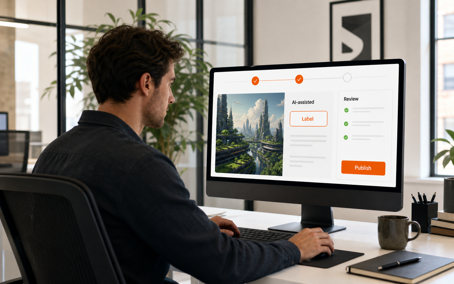 A person in a modern office using a web publishing tool to label AI-assisted content before review and publishing.