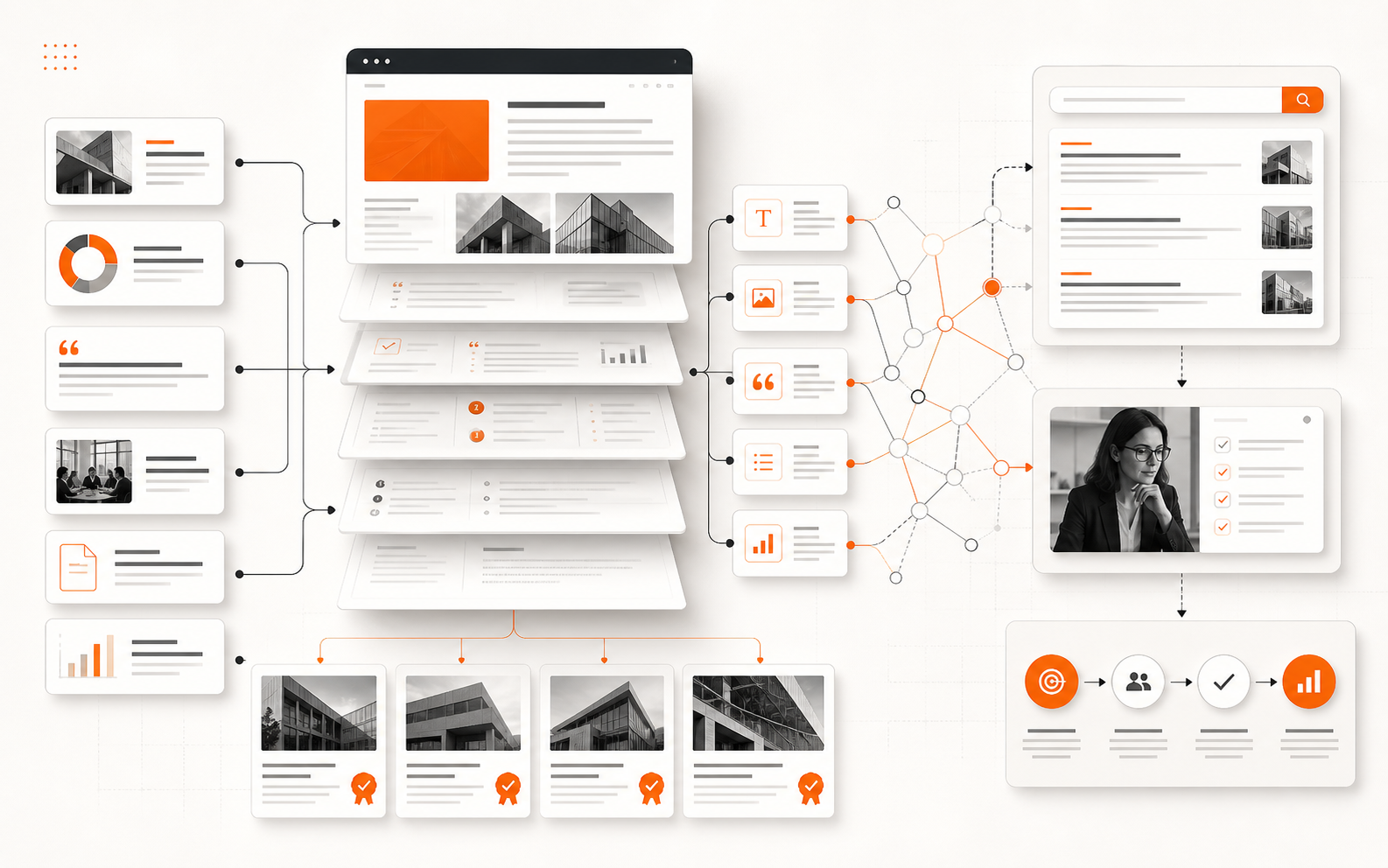 Editorial system map showing a business website becoming structured evidence for AI search, human readers, and decision workflows.